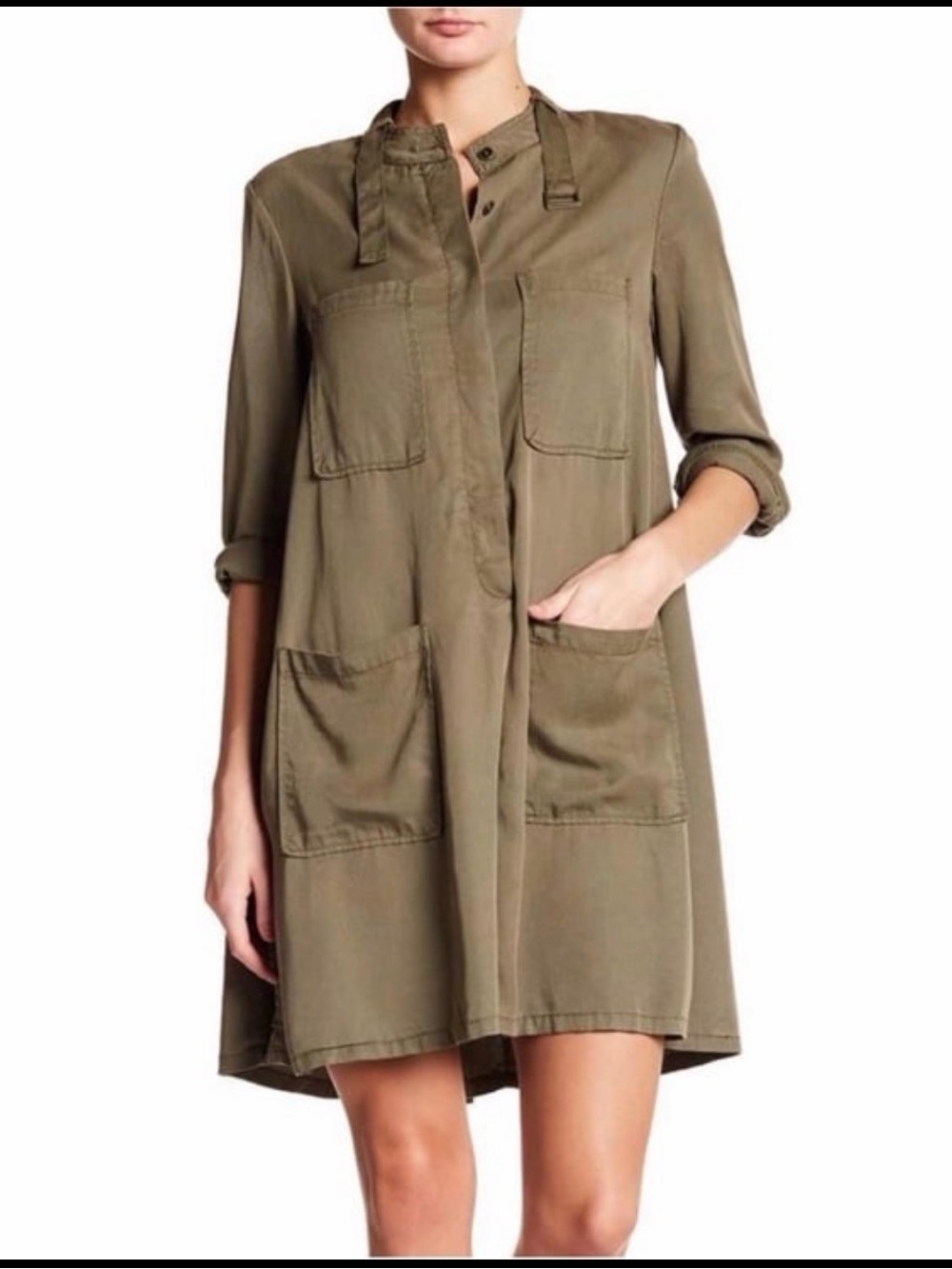 Pistola Olive Green Distressed Utility Shirt Dress with Front Pockets